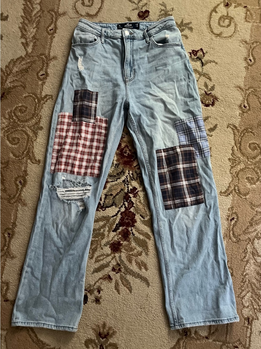 Hollister Light Wash Straight Leg Jeans with Red & Navy Plaid Patchwork